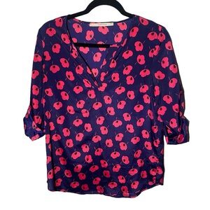 42 Hawthorn Women's Small Poppy‎ Pink Navy 3/4 Length Sleeve Blouse Split Neck